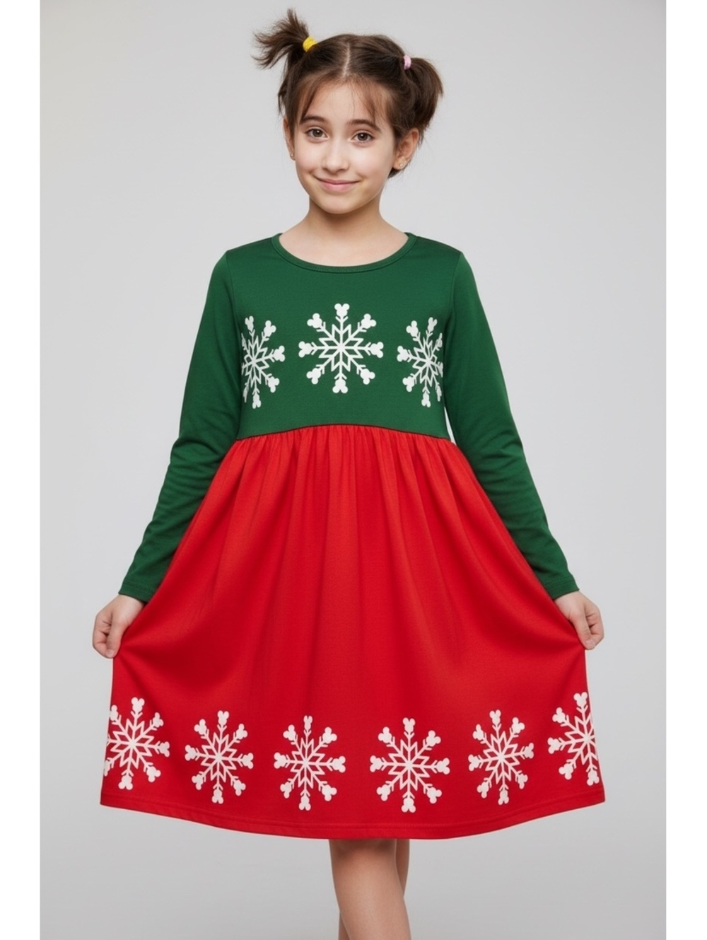 Mickey Christmas Dress with Snowflake Print, Green and Red, Size 4XL (8-9T), 95%